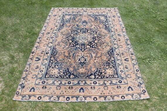 Vintage Türkischer Teppich 130x160, Blau Brauner Abstrakter Teppich