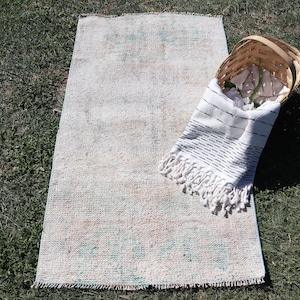 Vintage 2.2x4 ft Rug, Small Turkish Rug, White Blue Solid Wool Rug