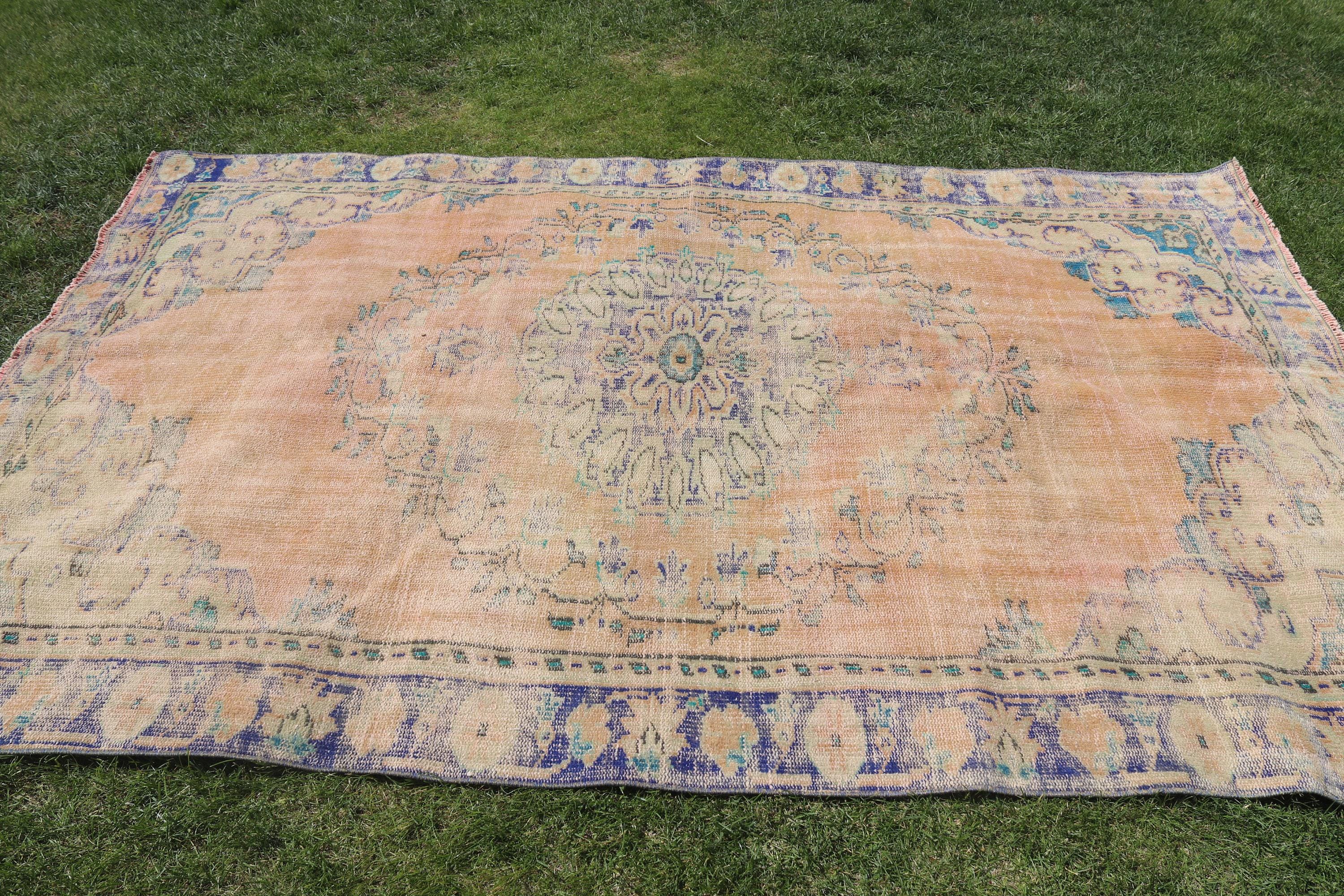 5.7x8.7 Ft Turkish Rug, Vintage Large Rug, Orange Blue Ikat Wool
