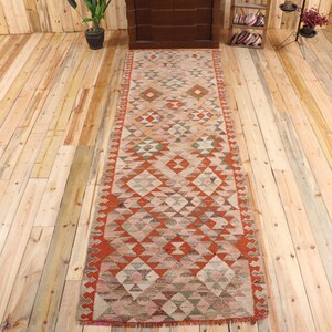 Turkish Rug, Runner 3.2x9.9 ft Vintage Rug, Orange Patchwork Wool Rug