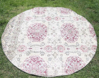 Tappeto turco vintage, 5,3x5,2 piedi, rotondo in lana con motivo floreale rosso.