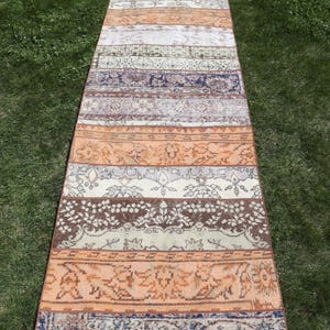 Vintage Turkish Rug, 2.8x12.9 ft Rug, Orange Patchwork Wool Rug