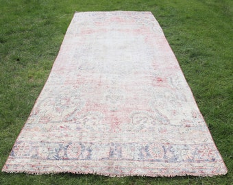 Tappeto turco vintage in lana a quadri rossi, dimensioni 4,8x11,7 piedi.