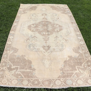Vintage Turkish Rug, 4x8 ft Area Rug, Antique Oushak Rug, Beige Muted Anatolian Carpet, Living Room Decor, Handmade Turkish Area Rug
