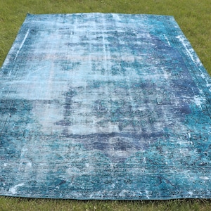 Turkish Rug, 6x9 Large Rug, Vintage Rug, Faded Overdyed Rug, Rugs For Living Room, 6.3x8.8 ft Blue Rug, Soft Washable Rug, Large Oushak Rug