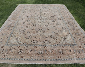 May include: A large rectangular area rug featuring a central medallion and intricate floral patterns in shades of beige, tan, light blue, and dark brown. The rug has a wide decorative border with repeating motifs and a short white fringe on the ends.