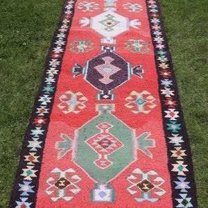 Alfombra turca, alfombra de pasillo de 3x12, alfombra vintage, alfombra Herki, alfombra anatolia, alfombras para pasillo, alfombra rosa de 3.2x11.7 pies, alfombra de lana anudada a mano.