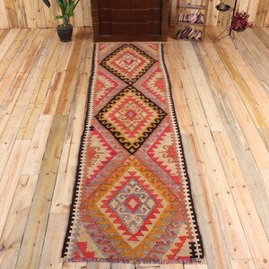 Vintage Turkish Rug, 2.9x10.4 ft Runner Rug, Red Orange Solid Rug