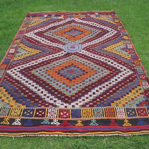 Kilim turecki, duży kilim, kilim vintage, haftowany kilim Oushak, dywaniki do salonu, 5,6 x 9,1 ft tęczowy kilim, kilim anatolijski,