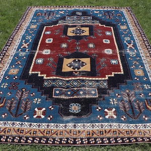 Turkish Rug, Vintage Rug, 6x9 Large Rugs, Antique Wool Rug, Rugs For Dining Room, 6.2x8.9 ft Blue Rug, Hand-Knotted Wool Rug, Anatolian Rug,