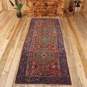 Turkish Runner Rug 3.4x9.2 ft, Red Blue Patchwork Rug Wool