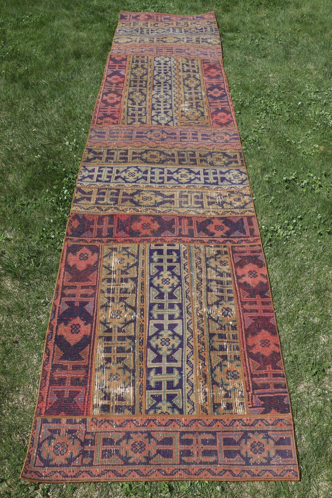 ②【未使用】トルコ　ラグ　パッチワーク　ヴィンテージ　絨毯 トルコ絨毯、パッチワーク絨毯、ヴィンテージ絨毯、3x13インチの