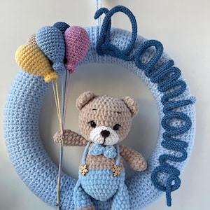 Birth bow wreath Fiocco nascita bimbo Door decor Baby shower Personalized with name Crochet garland for newborn Baby gift announcement