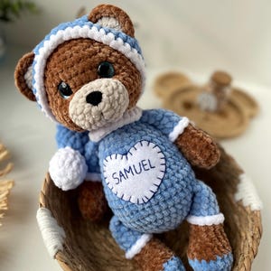 Crocheted teddy bear toy Handmade plush Personalized toys with name Cuddle knitted bear for baby Newborn gift Nursery decor Keepsake
