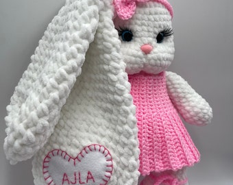 crochet bunny personalized, personalised toy with name , handmade, plush bunny, cuddly toy for newborn, crochet bunny, knitted stuffed bunny