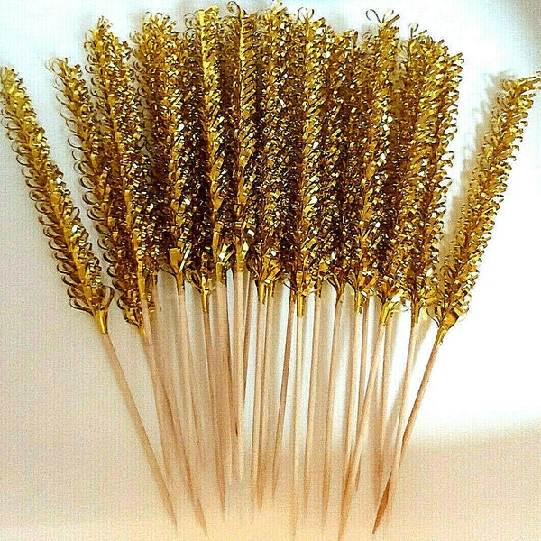 24 Gold Foil Frilly Picks Party Food Drink Cocktail Stirrer Decoration Snack Stick Decor Holiday Christmas Wedding Partyware Tableware