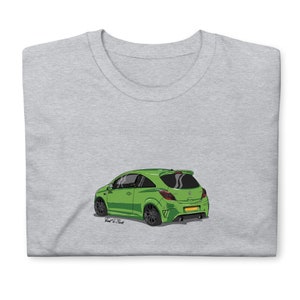 May include: A grey t-shirt featuring an illustration of a green car. The car is a hatchback with a rear spoiler and the text "Front to Back" is written below the car.