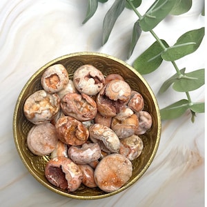 Puede incluir: Un cuenco de rodajas de ágata en varios tonos de rosa, blanco y marrón. Las rodajas de ágata son lisas y pulidas, con intrincados patrones y remolinos.