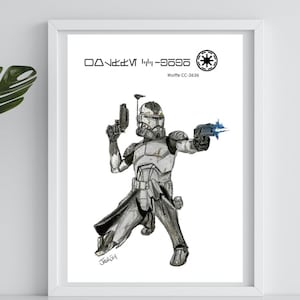 May include: A black and white illustration of a Star Wars clone trooper, known as "CC-3636", holding a blaster rifle. The image includes the text "Clone Wars" and the Star Wars logo.