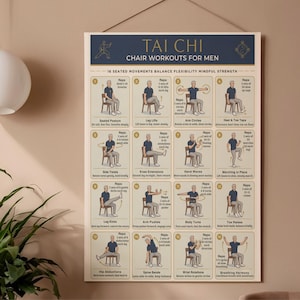 May include: A poster titled "TAI CHI CHAIR WORKOUTS FOR MEN" displays 16 seated exercises. Each exercise is illustrated with a stick figure demonstrating the movement, accompanied by instructions. The poster is beige with brown text and illustrations.