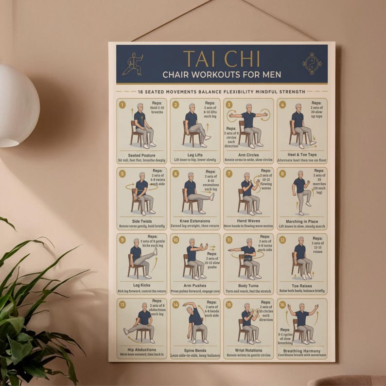 May include: A poster titled "TAI CHI CHAIR WORKOUTS FOR MEN" displays 16 seated exercises. Each exercise is illustrated with a stick figure demonstrating the movement, accompanied by instructions. The poster is beige with brown text and illustrations.