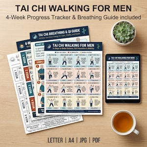 May include: An image featuring printed guides and a tablet detailing Tai Chi Walking. The guides include a 4-week progress tracker, breathing guide, and steps for balance. A cup of tea and a succulent plant are also visible.