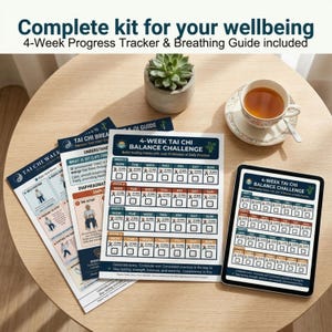May include: A wellness kit with a 4-week Tai Chi Balance Challenge guide, breathing guide, and progress tracker. The kit includes printed guides and a tablet displaying the challenge. A cup of tea and a small succulent plant are also on the table.