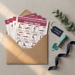 May include: A set of exercise reference guides for women, featuring illustrations and instructions for pelvic floor exercises. The guides are in a brown envelope, with a tag that says "Print, Gift or Keep". A teal wax seal and a navy blue ribbon are also present.