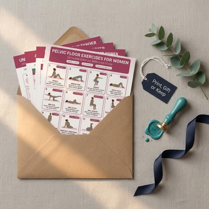 May include: A set of exercise reference guides for women, featuring illustrations and instructions for pelvic floor exercises. The guides are in a brown envelope, with a tag that says "Print, Gift or Keep". A teal wax seal and a navy blue ribbon are also present.