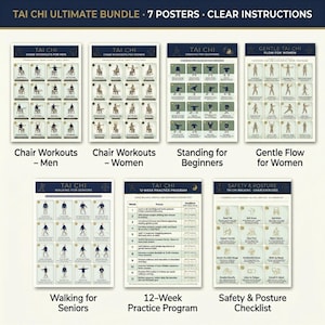 May include: A bundle of seven Tai Chi posters with clear instructions. The posters include chair workouts for men and women, standing for beginners, gentle flow for women, walking for seniors, a 12-week practice program, and a safety and posture checklist.