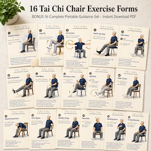 May include: Set of 16 Tai Chi Chair Exercise Forms. Each card features an illustration of an exercise with instructions. The cards are designed for chair workouts for men. Includes a bonus printable guidance set.