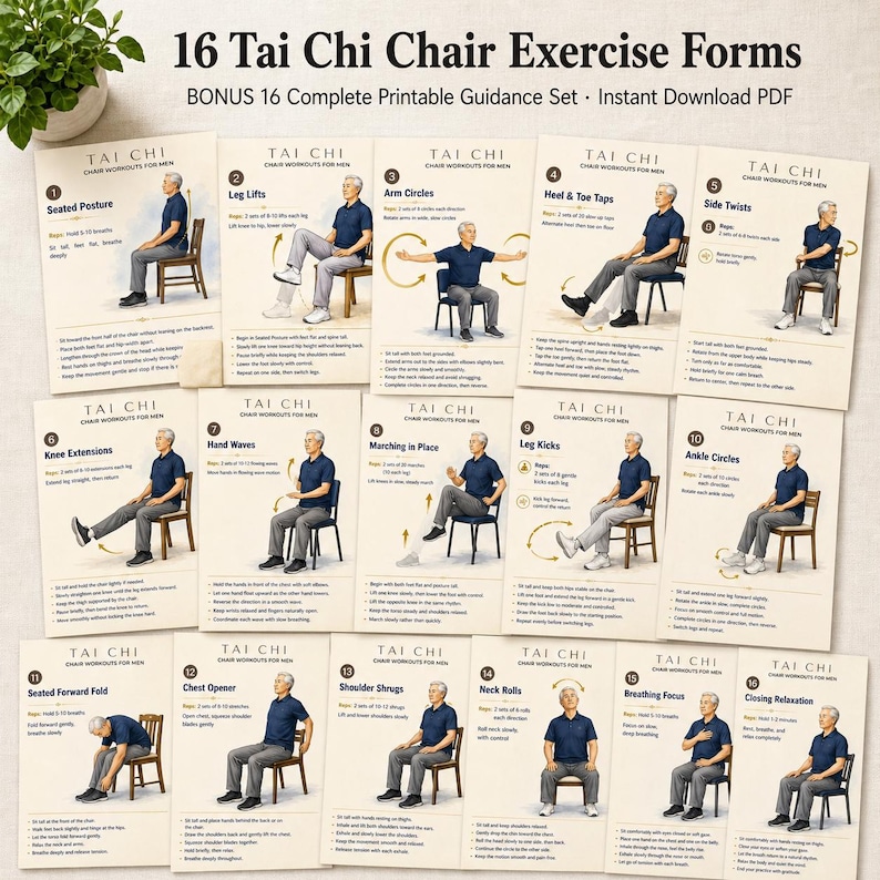 May include: Set of 16 Tai Chi Chair Exercise Forms. Each card features an illustration of an exercise with instructions. The cards are designed for chair workouts for men. Includes a bonus printable guidance set.