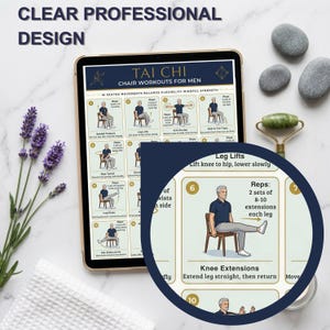 May include: A digital tablet displays a Tai Chi chair workout guide for men. The guide features illustrations of exercises, with text including "Leg Lifts" and "Knee Extensions." The tablet is surrounded by lavender, stones, and a jade roller.