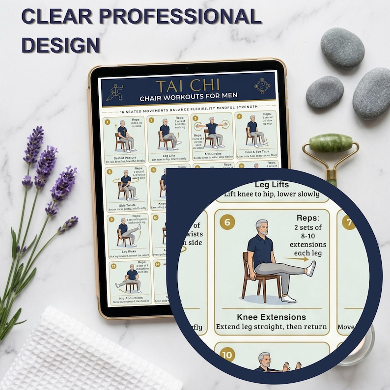 May include: A digital tablet displays a Tai Chi chair workout guide for men. The guide features illustrations of exercises, with text including "Leg Lifts" and "Knee Extensions." The tablet is surrounded by lavender, stones, and a jade roller.