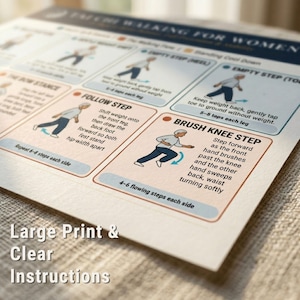May include: A printed guide titled "Faith Walking for Women" with illustrated steps. The guide features instructions for various walking techniques, including the "Brush Knee Step" and "Follow Step." The text "Large Print & Clear Instructions" is visible.