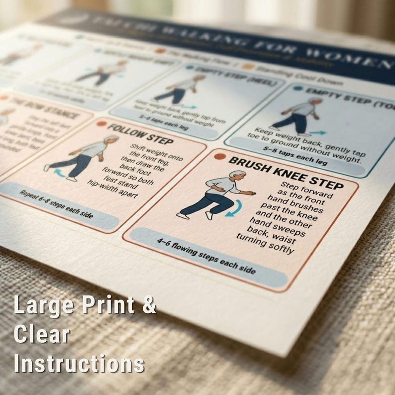 May include: A printed guide titled "Faith Walking for Women" with illustrated steps. The guide features instructions for various walking techniques, including the "Brush Knee Step" and "Follow Step." The text "Large Print & Clear Instructions" is visible.