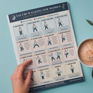 May include: A poster titled "TAI CHI WALKING FOR WOMEN" with 16 steps for balance, fall prevention, and mobility. The poster has illustrations of Tai Chi movements, with a hand pointing at one of the steps. A cup of coffee sits on the right.