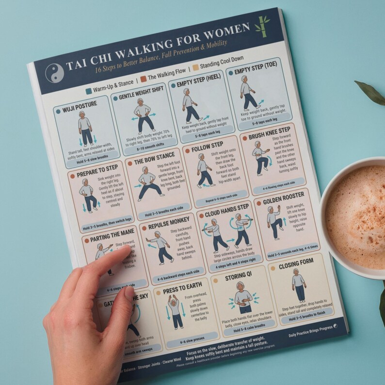 May include: A poster titled "TAI CHI WALKING FOR WOMEN" with 16 steps for balance, fall prevention, and mobility. The poster has illustrations of Tai Chi movements, with a hand pointing at one of the steps. A cup of coffee sits on the right.