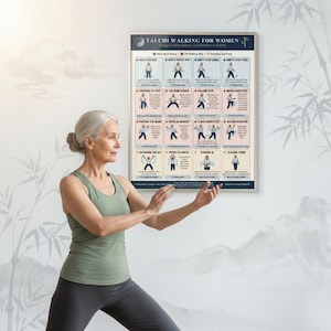 May include: A woman demonstrates Tai Chi movements in front of a poster. The poster, titled "Tai Chi Walking for Women," displays illustrated steps. She wears a green tank top and gray leggings, with her hands in a graceful pose.