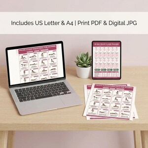 May include: A laptop, tablet, and printed sheets display pelvic floor exercises for women. The laptop screen and printed sheets show exercise diagrams. A 30-day pelvic floor tracker is on the tablet. A small succulent plant sits nearby.