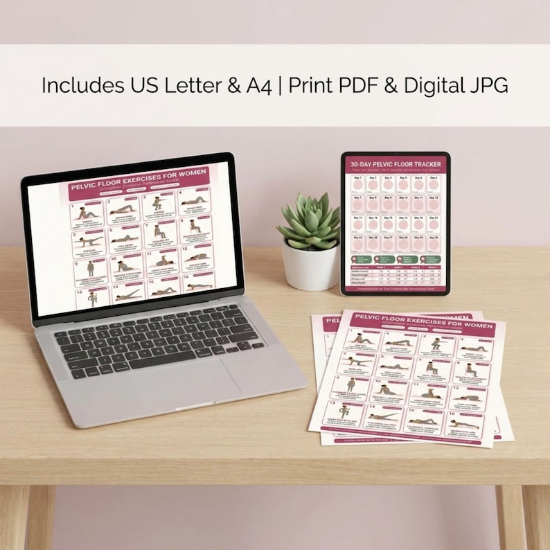 May include: A laptop, tablet, and printed sheets display pelvic floor exercises for women. The laptop screen and printed sheets show exercise diagrams. A 30-day pelvic floor tracker is on the tablet. A small succulent plant sits nearby.