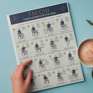 May include: A printed poster titled "TAI CHI CHAIR WORKOUTS FOR MEN" with 16 seated movements. The poster features illustrations of exercises, including leg lifts, arm circles, and toe raises. A hand is holding the poster.