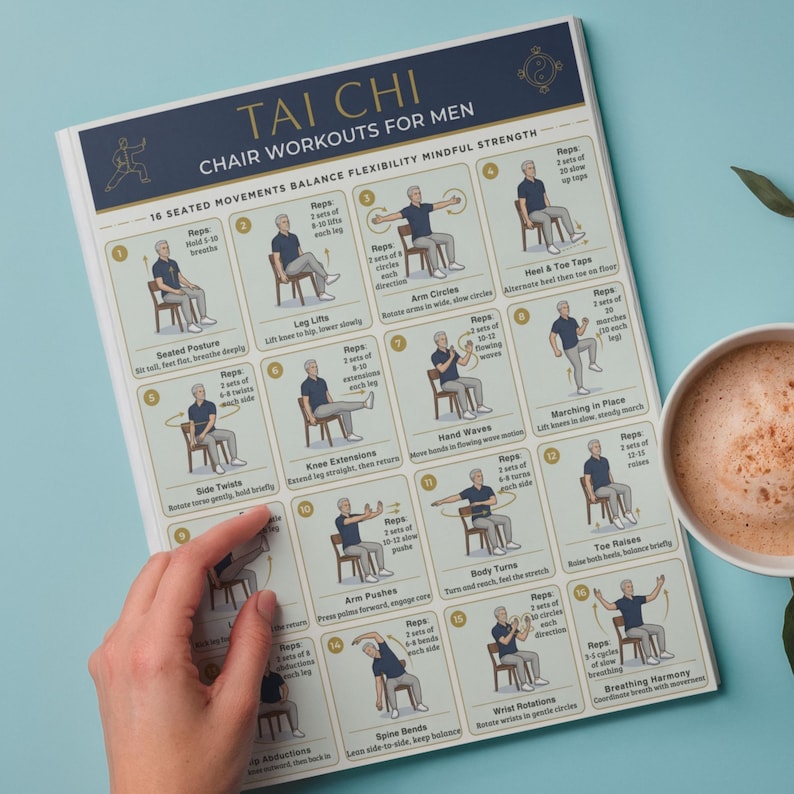 May include: A printed poster titled "TAI CHI CHAIR WORKOUTS FOR MEN" with 16 seated movements. The poster features illustrations of exercises, including leg lifts, arm circles, and toe raises. A hand is holding the poster.