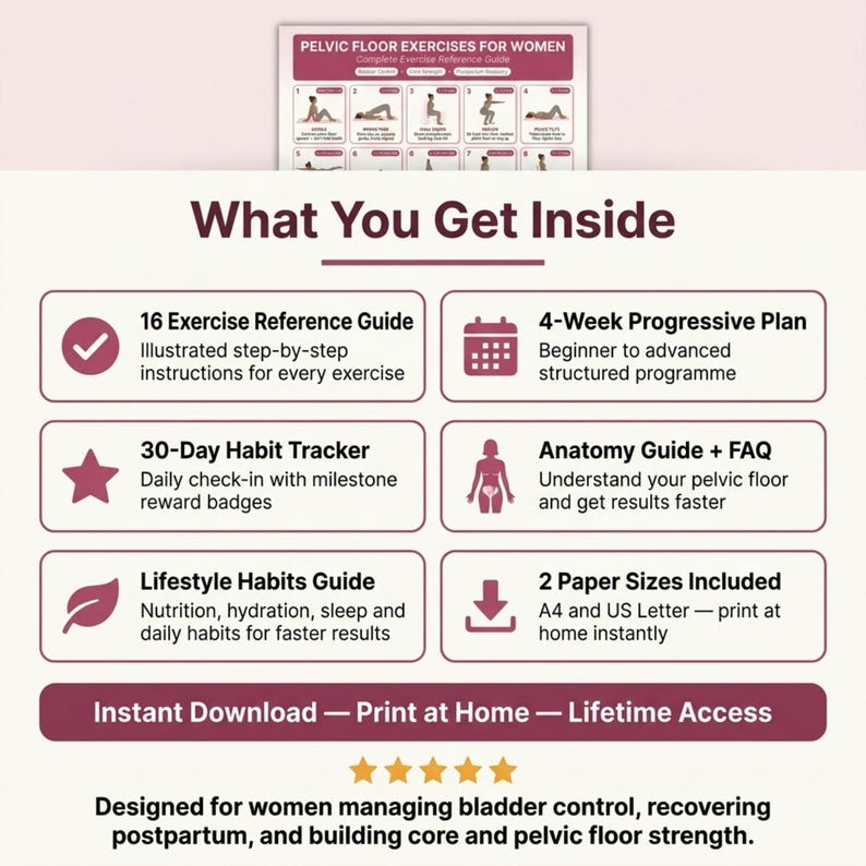 May include: A digital guide titled "Pelvic Floor Exercises for Women." The guide includes a 16-exercise reference, a 4-week progressive plan, a 30-day habit tracker, an anatomy guide, and a lifestyle habits guide. It is available for instant download.