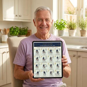 May include: A man holding a tablet displaying a Tai Chi chair workout guide. The guide features illustrations of exercises with text that reads "Tai Chi Chair Workouts for Men". The tablet has a black border and the man is wearing a lavender shirt.