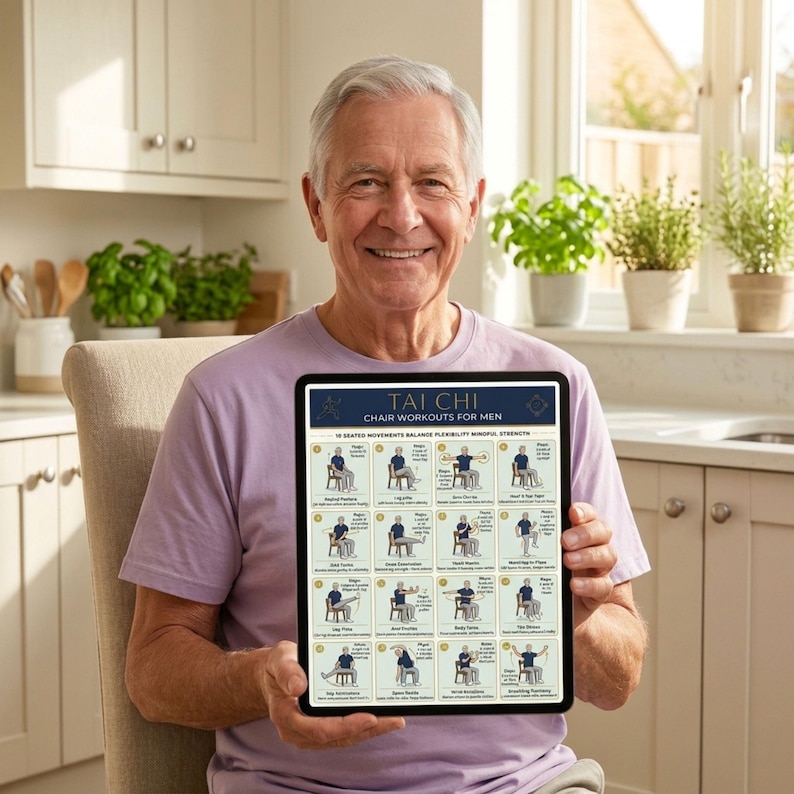 May include: A man holding a tablet displaying a Tai Chi chair workout guide. The guide features illustrations of exercises with text that reads "Tai Chi Chair Workouts for Men". The tablet has a black border and the man is wearing a lavender shirt.