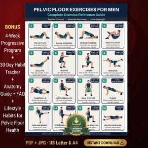 Può includere: Una guida di riferimento per esercizi per il pavimento pelvico per uomini, con 16 esercizi illustrati. La guida include un programma progressivo di 4 settimane, un tracker delle abitudini di 30 giorni e una guida all'anatomia. Gli esercizi sono progettati per il controllo della vescica, il recupero della prostata e la forza del core.