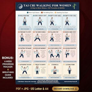 Può includere: Un poster intitolato "Tai Chi Walking for Women" con 16 passaggi per l'equilibrio e la mobilità. Include diagrammi per esercizi di riscaldamento, camminata e defaticamento. Presenta un bonus di monitoraggio dei progressi di 4 settimane e una guida alla respirazione. Include il testo "Download istantaneo".