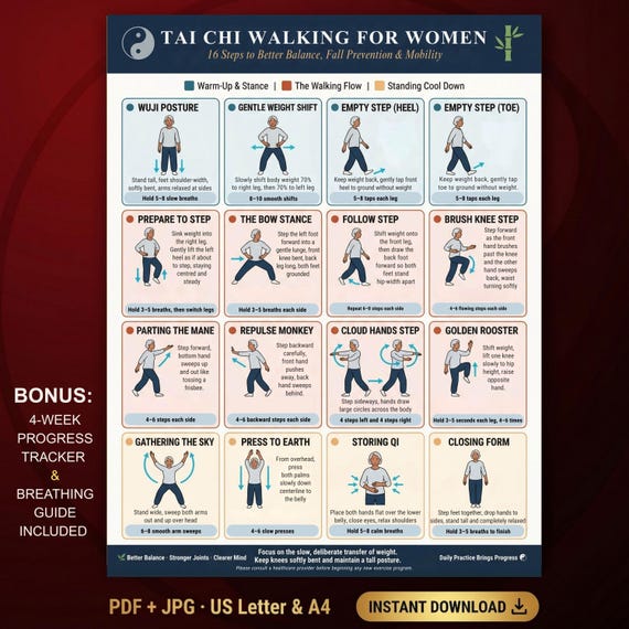 Tai Chi Walking for Women, Printable Balance Exercises, Senior Fitness Digital Download, Low Impact Cardio Workout Guide PDF, Wellness Gift