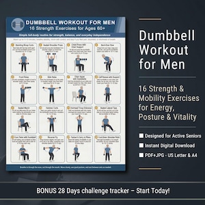 May include: A workout guide titled "Dumbbell Workout for Men" with 16 strength exercises for ages 60+. The poster includes illustrations of exercises like bicep curls, shoulder press, and calf raises. It also includes text: "Bonus 28 Days challenge tracker - Start Today!"